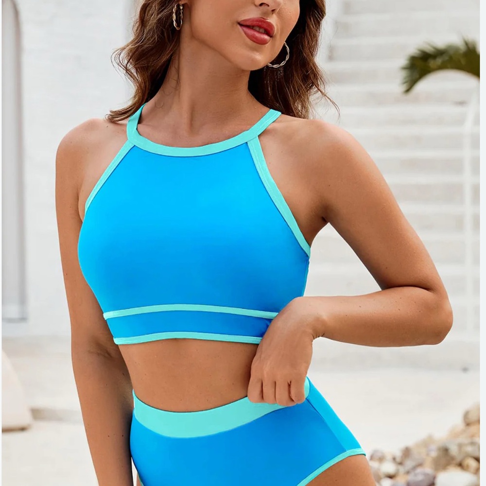 HannaBanna Blue Modest Bikini Top with Crisscross Back and Contrasting Trim